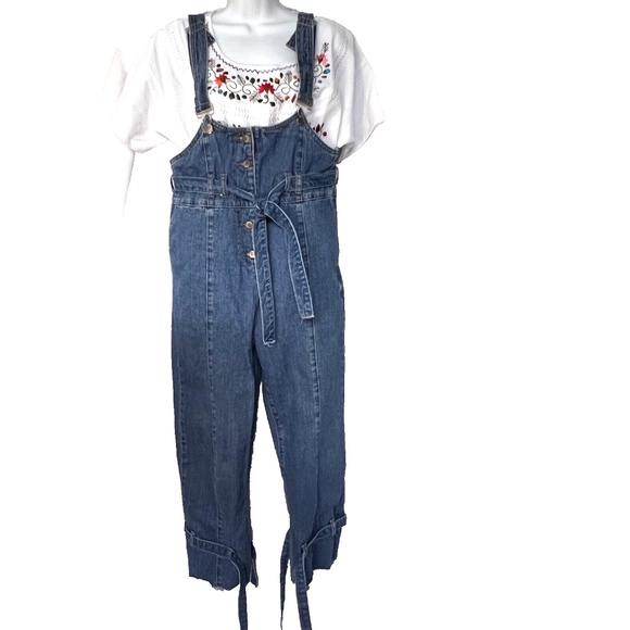 Urban Revivo Jeans Bib Blue Medium Wash Denim Tie Leg Size 12 Belt 100% Cotton - Picture 1 of 9